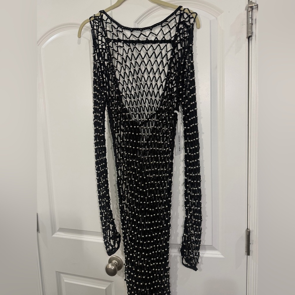 Forever 21 Black Beaded Open-Knit Long Sleeve Dress Swim cover